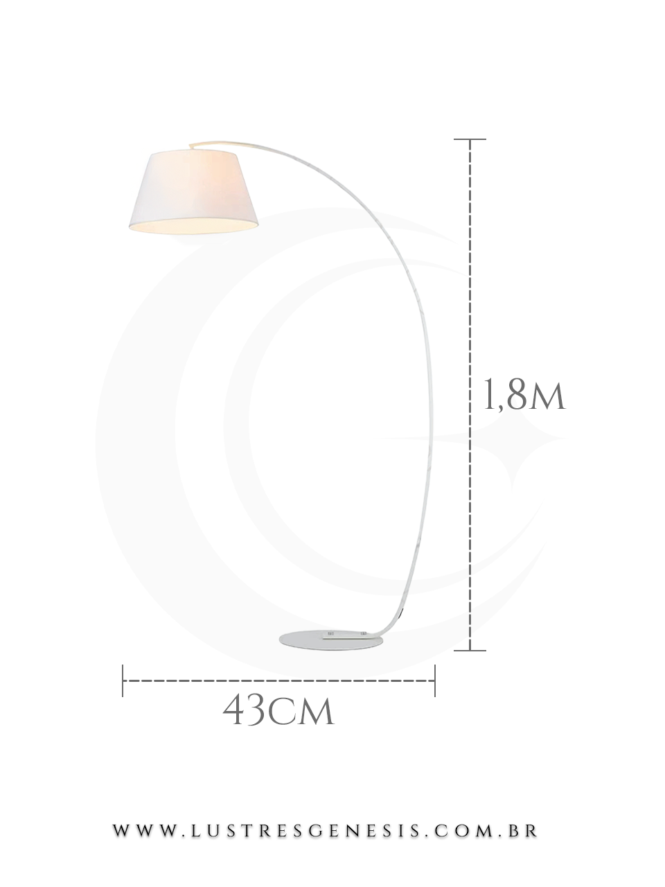 Luminária de chão coluna com cúpula branca modelo Crooked, ideal para sala de estar, quartos e escritórios, com altura de 1,8 metros e base de 43 centímetros.